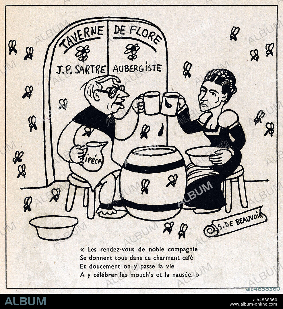 Simone de BEAUVOIR (1908-1996) et Jean Paul SARTRE (1905-1980) a la taverne de Flore. Caricature de 1946 par Jean EFFEL (1908-1982) pour Tambour, Pastis et Orgue. ADAGP. Credit : Collection Jonas/Kharbine-Tapabor.