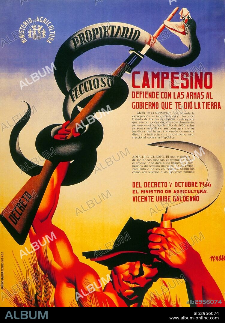 Spanish Civil War (1936-1939). Poster with the phrase Peasant, defend with arms the government that gave you the land. Edited by the Ministry of Agriculture during the republican government of Francisco Largo Caballero and with Vicente Uribe as Minister of Agriculture. Year 1936. Poster by Jose Renau (1907-1982).