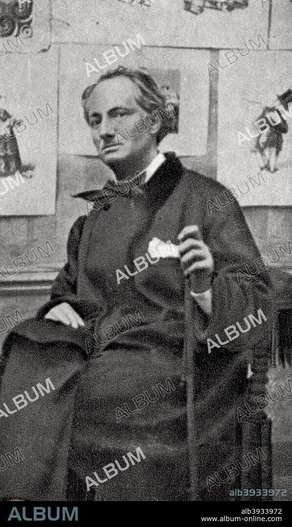 Charles Baudelaire, French poet and art critic, 1857. Baudelaire (1821-1867) was an influential but controversial Symbolist poet who was interested in satanism and the macabre. His book of poems, Les Fleurs du Mal (The Flowers of Evil) (1857) is regarded as one of the classics of French literature. A photograph from Album de Photographies dans L'Intimite de Personnages Illustres, 1860-1905, 3rd album, Editions MD, Paris.