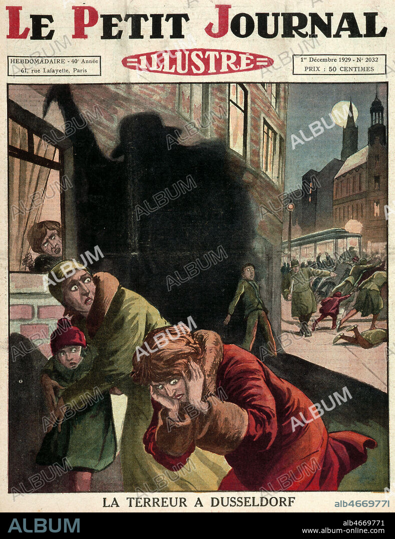 'La terreur a Dusseldorf' (Peter KURTEN (1883-1931). Fait divers qui inspira M. le maudit de Fritz LANG (1890-1976). Couverture du Petit Journal Illustre du 1er decembre 1929. Credit : Collection KHARBINE-TAPABOR.