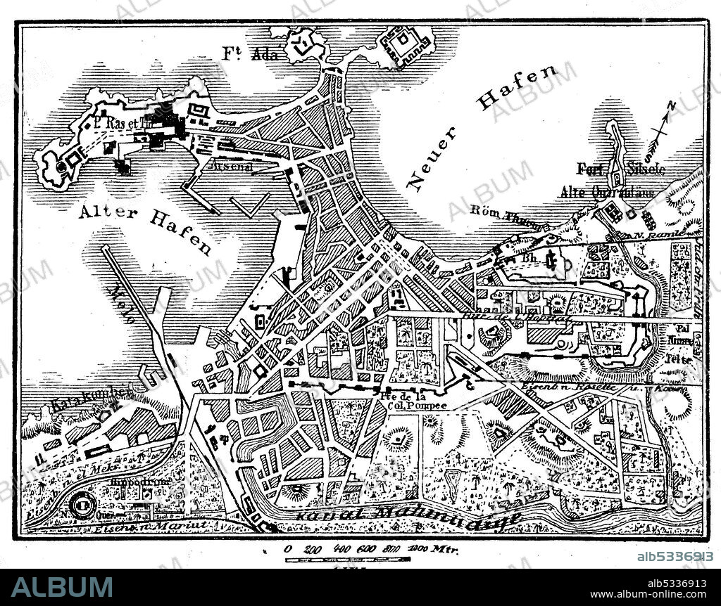 Map of Alexandria in Egypt in 1880  /  Plan von Alexandria in Ägypten im Jahre 1880, Historisch, historical, digital improved reproduction of an original from the 19th century / digitale Reproduktion einer Originalvorlage aus dem 19. Jahrhundert,.