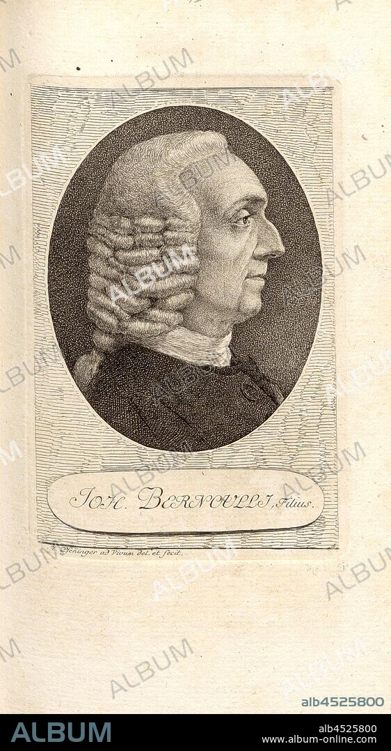 Job. Bernoulli, son, Portrait Johann Bernoulli, Son (also Johann II. Bernoulli), signed: H. Pfenninger ad Vivum del. Et fecit, Taf. 40, after p. 302, Pfenninger, Heinrich (fec.), Leonhard Meister; Heinrich Pfenninger; J. C Fäsi: Helvetiens berühmte Männer in Bildnissen. Bd. 2. Zürich: im Verlag von Heinrich Pfenninger Mahler, 1799.