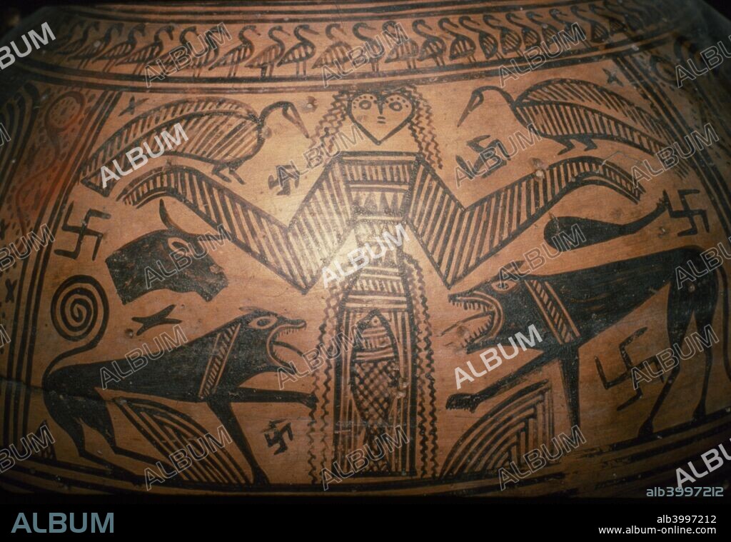 Greek Pithos, (Jar) from Thebes, 7th century BC. Boetian, The Potkia Theron the Great Goddess of Nature. At National Archaeological Museum, Athens.