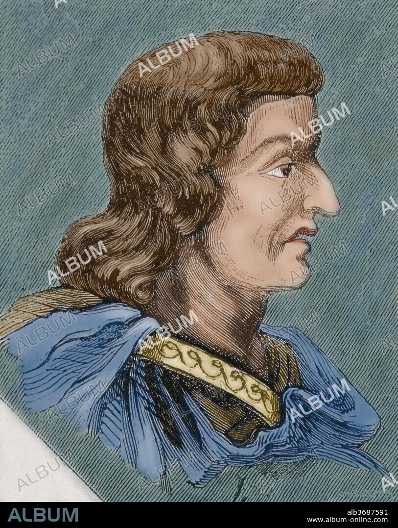Amalarico (502-Barcelona, 531). Rey visigodo (526 a 531). Fue rey siendo menor de edad por lo cual el gobierno fue confiado a un noble llamado Teudis. Grabado del año 1852. Coloreado.
