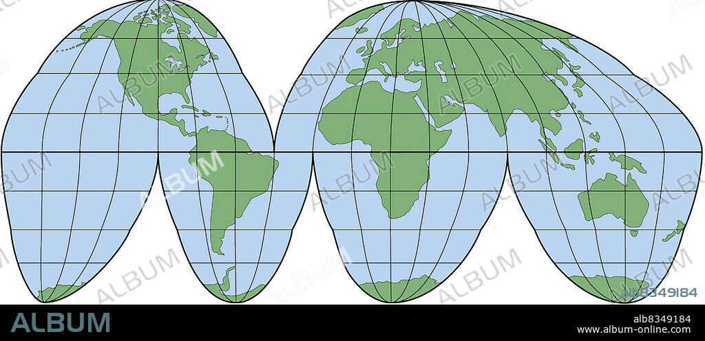 Goodes projection, which combines two projection methods, is called interrupted when the map obtained is not continuous. No part of the planet is left out. The interruptions are usually placed in the middle of oceans, and the continents are portrayed with very little distortion.