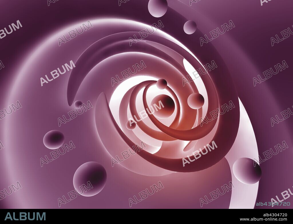 Abstract pink pattern of swirling spiral and spheres.