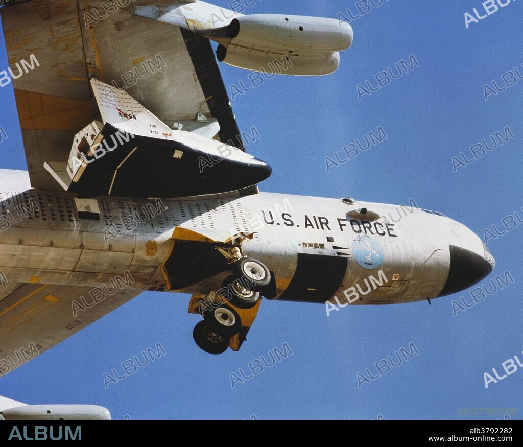 The NASA X-38 Crew Return Vehicle was a prototype for a wingless lifting body reentry vehicle that was to be used as a Crew Return Vehicle for the International Space Station (ISS). The X-38 was developed to the point of a drop test vehicle before its development was cancelled in 2002 due to budget cuts. This X-38 was carried by a B-52 bomber on July 30th, 1997, as part of its first airborne test.