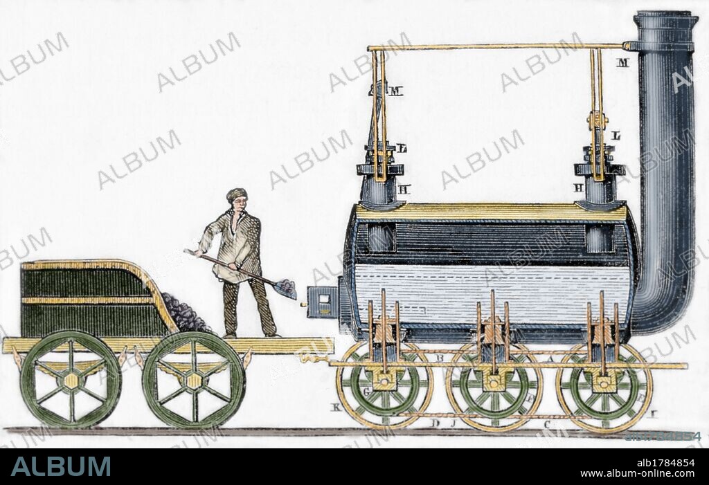 HISTORIA DEL FERROCARRIL. LOCOMOTORA DE 1814 diseñada por el ingeniero británico STEPHENSON (1781-1848). Grabado coloreado del siglo XIX.