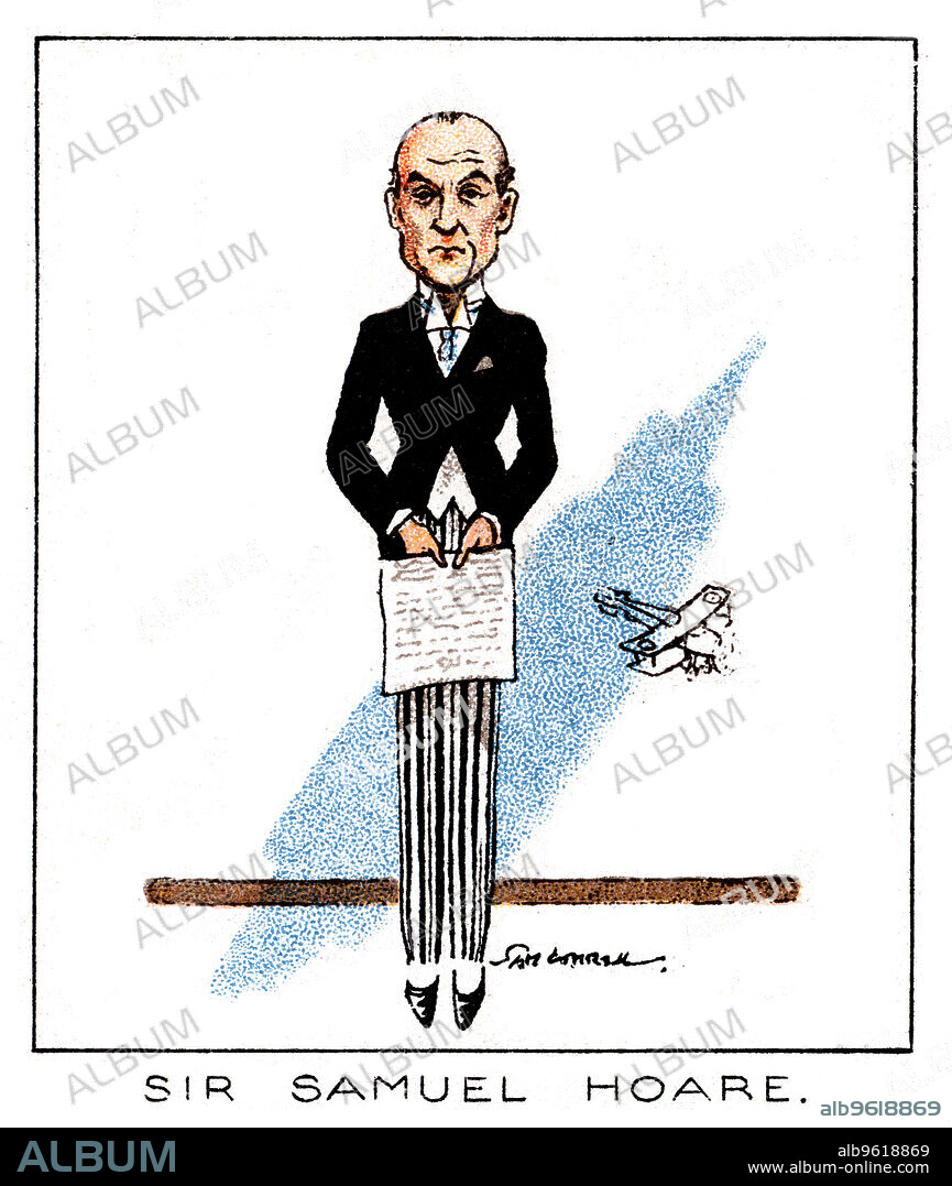 Samuel John Gurney Hoare, Viscount Templewood, British Conservative politician, 1929. Known as Sir Samuel Hoare until 1944 when he was created Viscount Templewood, Hoare (1880-1959) held the positions of Secretary of State for Air (1922-1924 and 1924-1929), Secretary of State for India (1931-1935), Foreign Secretary (1935) and Ambassador to Spain (1940-1944). From series of cards on Notable MPs, (London, 1929).