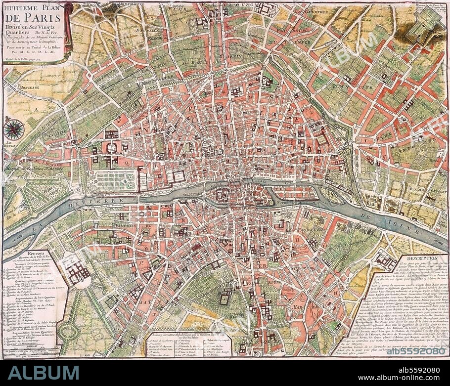 ANONYM. Paris (Frankreich). "HUITIEME PLAN DE PARIS DIVISE EN SES VINGTS QUARTIERS.". (Stadtplan). Kupferstich, koloriert, nach 1702. Paris, Privatsammlung.