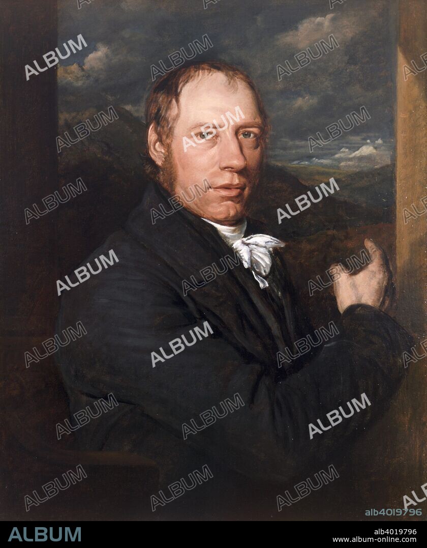 Richard Trevithick, English engineer and inventor, 1816. The painting shows him seated before a window, pointing to a view of mountains. Richard Trevithick designed the first locomotive to run on rails, as well as being a designer of steam road carriages and a large number of stationary steam engines.