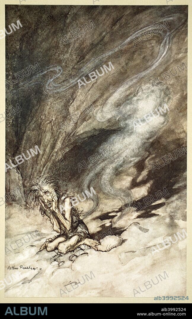 'Mime writhes under the lashes he receives', 1910. Illustration from The Rhinegold and the Valkyrie. Alberich puts on the Tarnhelm and becomes invisible, beating Mime to taunt him. From Das Rheingold. From a private collection.