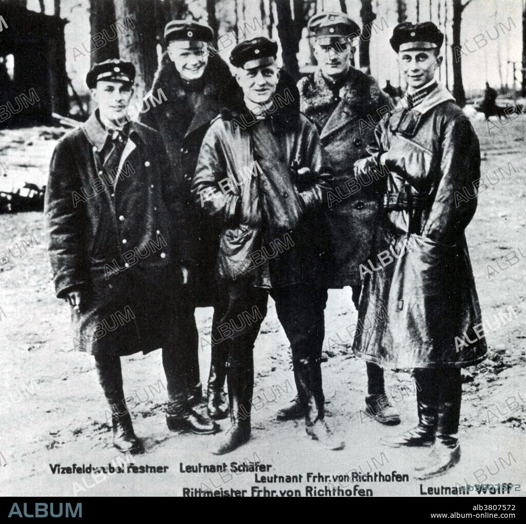 Jasta 11 pilots pose at Roucourt in April, 1917 with Manfred von Richthofen center. From left to right around Richthofen: Sebastian Festner, Karl Emil SchÃ¤fer, Lothar von Richthofen, and Kurt Wolff. Manfred Albrecht Freiherr von Richthofen (May 2, 1892 - April 21, 1918) was a First World War German flying ace with the Imperial German Army Air Service (LuftstreitkrÃ¤fte). Originally a cavalryman, he transferred to the Air Service in 1915, becoming one of the first members of Jasta 2 in 1916. He quickly distinguished himself as a fighter pilot, and became leader of Jasta 11 and then the larger unit Jagdgeschwader 1 (Flying Circus). By 1918, he was regarded as a national hero in Germany, and was very well known by the other side. He was a notable tactician and squadron leader and a fine marksman. It was his Albatros D.III that was first painted bright red, in 1917, which earned him his nick name and reputation. Richthofen was shot down and killed near Amiens on April 21, 1918. He is considered the top ace of that war, being officially credited with 80 air combat victories. He remains perhaps the most widely known fighter pilot of all time, and has been the subject of many books, films and other media.