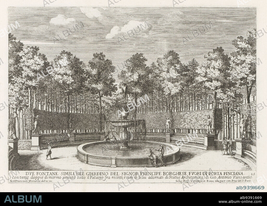 Fountain at the Villa Borghese in Rome, Due fontane simili nel giardino del signor prencipe Borghese (...) (title on object), Le fontane ne palazzi e ne giardini di Roma (series title), Fountains in the palaces and gardens of Rome (series title), Numbered lower right: 15. The print is part of an album., print maker: Giovanni Francesco Venturini (mentioned on object), Giovanni Francesco Venturini (mentioned on object), print maker: Italy, Italy, publisher: Rome, Vaticaanstad, 1653 - 1691, paper, etching, height 212 mm × width 300 mm.