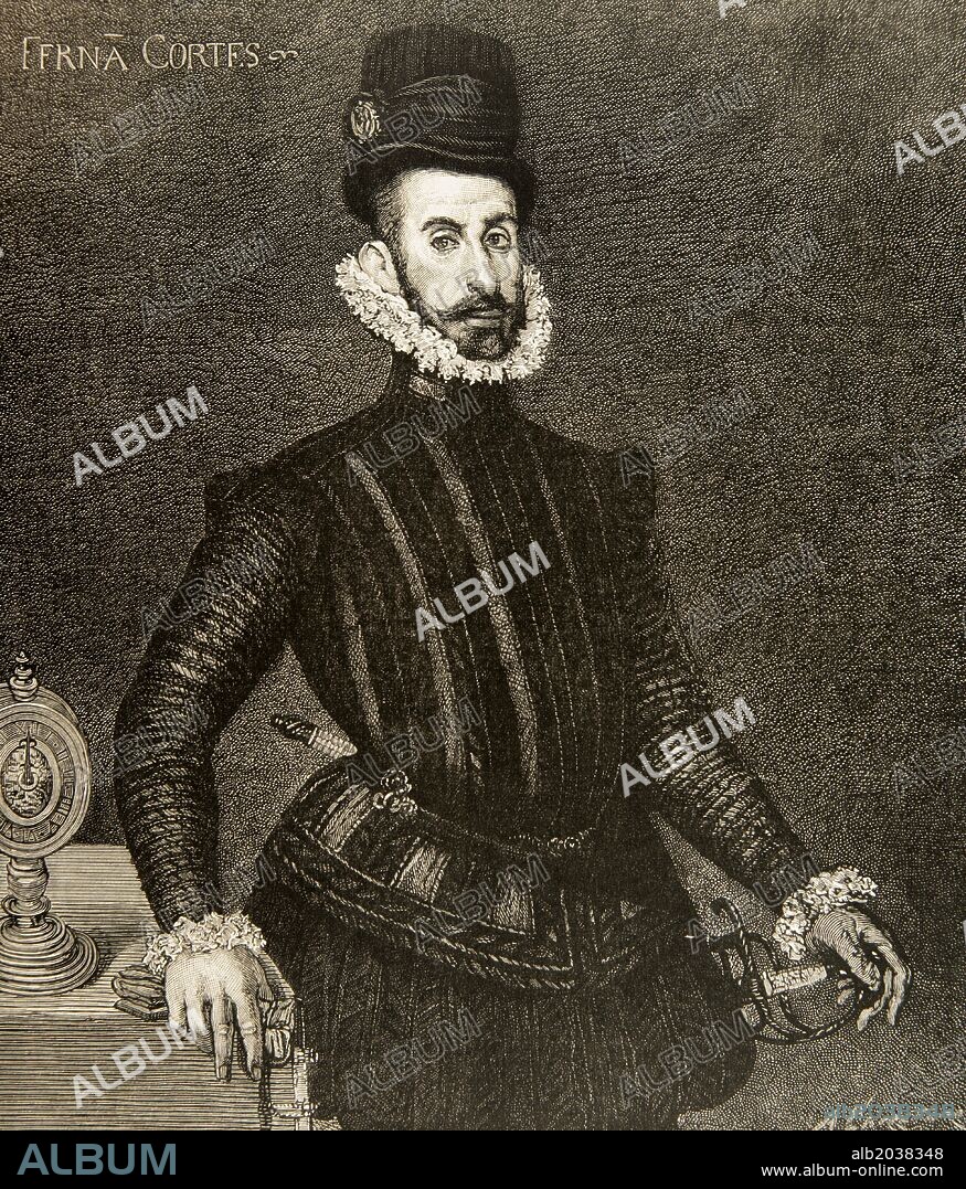 ARTURO CARRETERO Y SÁNCHEZ. CORTES, Hernán (Medellín,1488-Castilleja de la Cuesta,1547). Conquistador español de México. Nombrado por Carlos V gobernador y Capitán General de México (1522). Grabado por A. Carretero. "La Ilustración Española y Americana", año 1884.