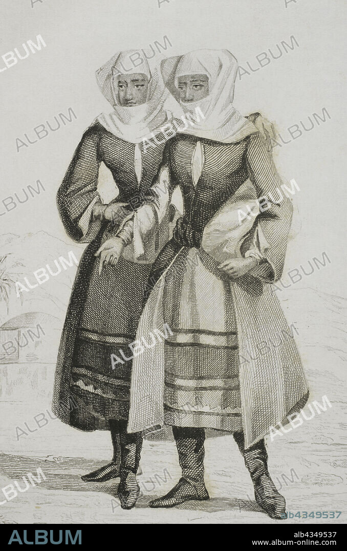 Armenia. Typical Armenian mountain women's costume. Engraving drawn by Vernier. Engraved by Pigeot. Lemaitre direxit. Engraving. "Panorama Universal. Historia de Armenia", 1838.