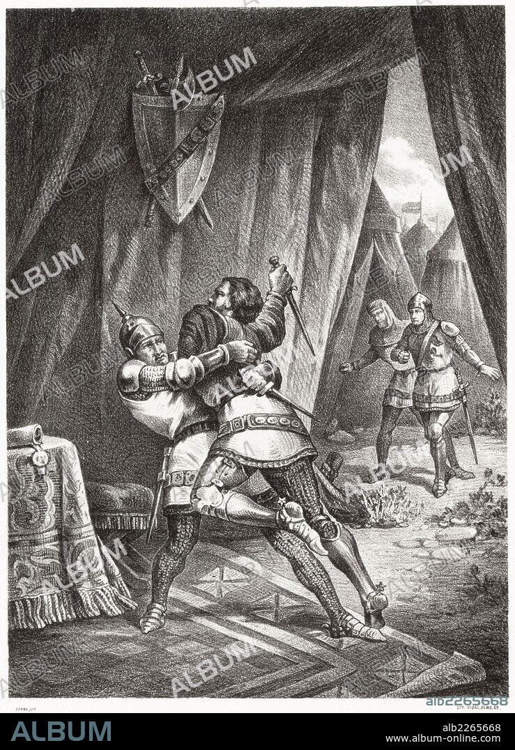 Historia de España. Muerte del rey Pedro I de Castilla, el Cruel, en los campos de Nájera en 1369 por Enrique de Trastamara. Grabado de 1872.