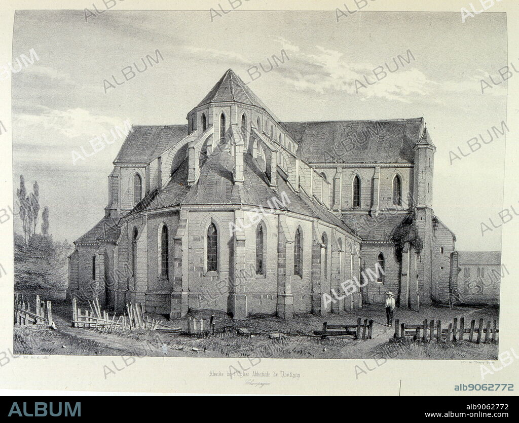 Pontigny Abbey church; The Cathedral-Abbey of the Assumption in Pontigny (Cathedrale-abbatiale de Notre-Dame-de-l'Assomption a Pontigny), a Cistercian monastery located in Pontigny on the River Serein, in the present diocese of Sens and department of Yonne, Burgundy, France. Founded in 1114,. Drawing by Isidore Justin Severin Taylor, baron Taylor 1789-1879, Artist and philanthropist.