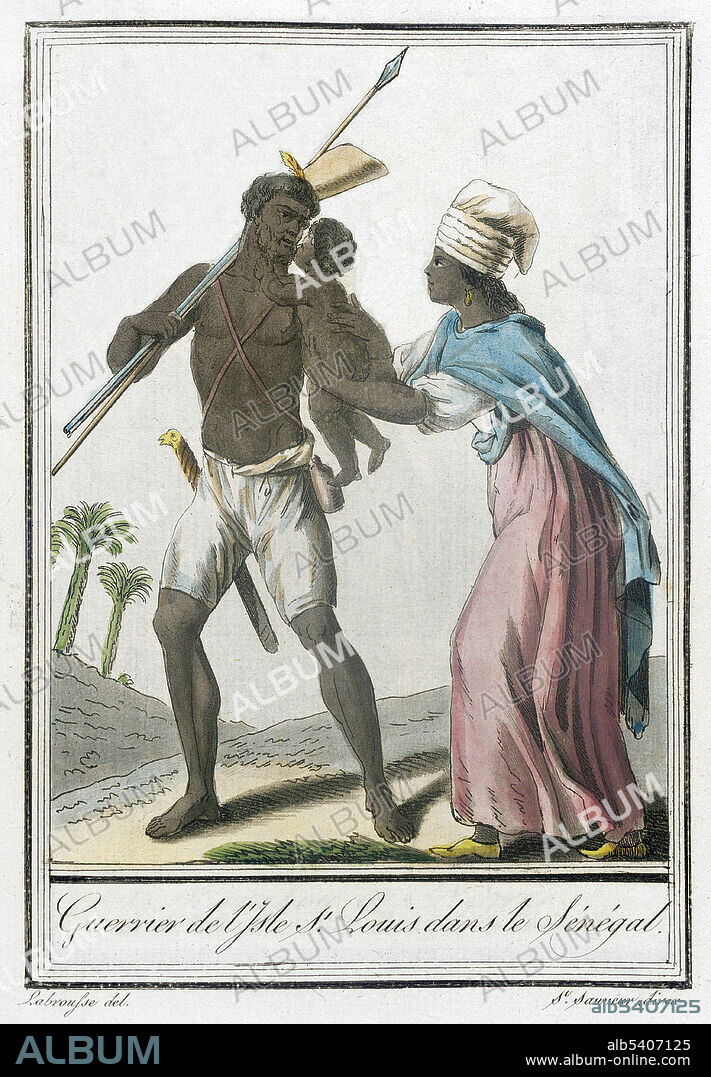 Guerrier de l'Isle St. Louis dans le Sénégal. Warrior of St. Louis Island in Senegal. Saint-Louis (Ndar) is the capital of Senegal's Saint-Louis Region. Saint-Louis was established in 1659 by French traders on an uninhabited island called Ndar. It was the first permanent French settlement in Senegal. The fortified factory commanded trade along the Senegal River. Slaves, hides, beeswax, ambergris and, later, gum arabic were exported. A Franco-African Creole, or Métis, merchant community characterized by the famous signares, or bourgeois women entrepreneurs, grew up in Saint-Louis during the 17th and 18th centuries. These women of color managed to gain some individual assets, status, and power in the hierarchies of the Atlantic Slave Trade. The Métis were important to the economic, social, cultural and political life of the city. They created a distinctive urban culture characterized by public displays of elegance, refined entertainment and popular festivities. Saint-Louis became capital of the federation of French West African colonies in 1895, but relinquished this role to Dakar in 1902. Costumes of Different Countries, hand-tinted engraving by Labrousse, published by Jacques Grasset de Saint-Sauveur, 1797.