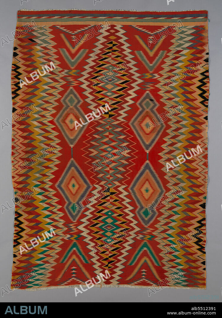 Germantown Eyedazzler Rug, Arizona, c. 1800/90. In 1864 the U.S. government forcefully resettled the Navajo in the Bosque Redondo reservation. The brightly coloured commercial yarns they received as part of their government annuities prompted a cultural and artistic transformation in their weaving, with bold designs incorporating serrated diamonds, chevrons, zigzags and interlocking lines.