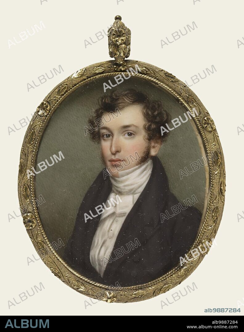 Robert Eden Handy, 1835. Waist-length, three-quarter profile portrait of a man with wavy brown hair parted on the left, and side whiskers, wearing a black coat, white shirt, high white collar and white stock. The miniature is mounted in a gold, oval frame, with a braid of hair under glass on the reverse. Attributed to Asher Brown Durand.