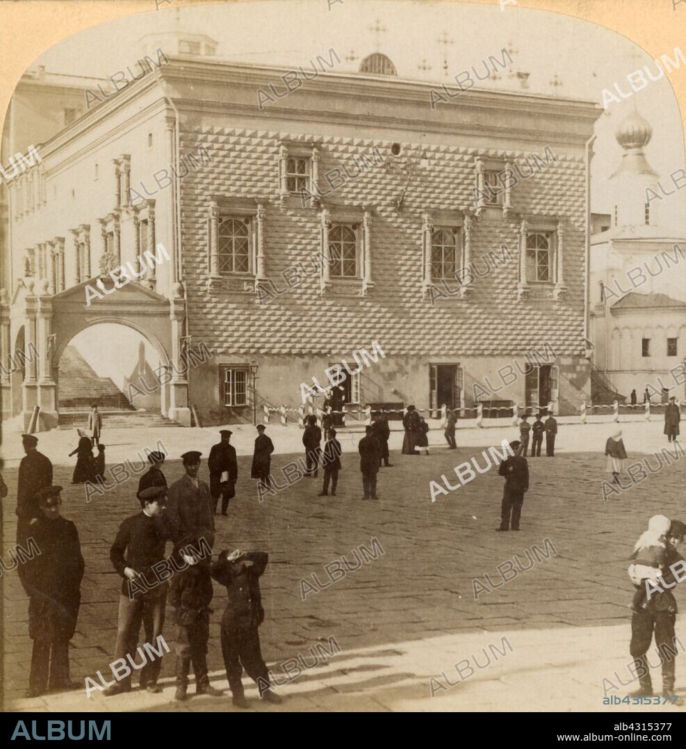 UNDERWOOD & UNDERWOOD. 'Famous Red Staircase and old Palace, Moscow, Russia', 1900. The Red Porch or Red Staircase leads into the Palace of Facets in Kremlin Cathedral Square. The Palace is the oldest preserved secular building in Moscow. Stereocard. [J F Jarvis, Washington DC, USA, 1900].