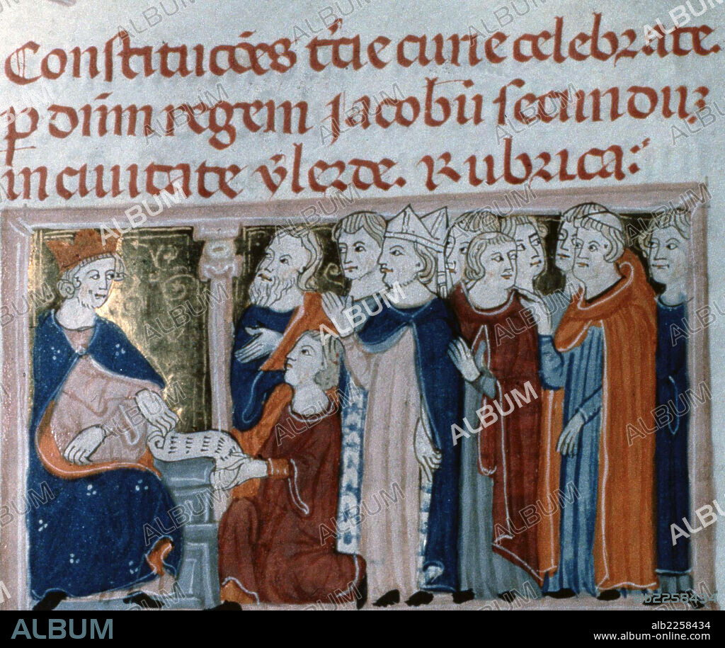 JAIME II "EL JUSTO". REY DE ARAGON DE 1291-1327. MINIATURA CODIGO DE LAS CONTITUCIONES DE CATALUÑA. SIGLO XIV. ARCHIVO AYUNTAMIENTO DE LERIDA.