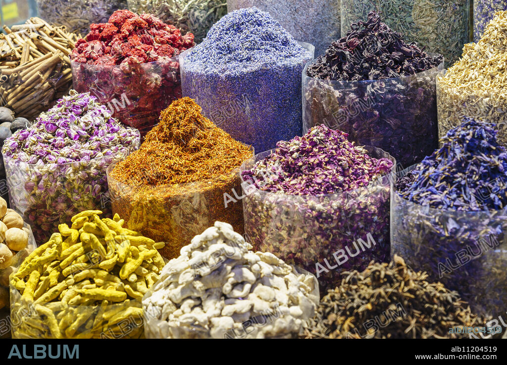 Spices for sale in the Spice Souk, Al Ras, Deira, Dubai, United Arab Emirates, Middle East.