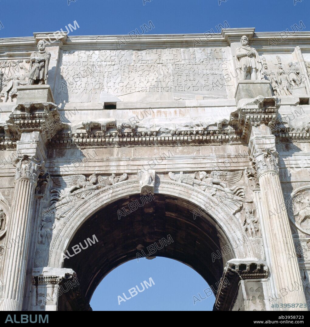 Arch of Constantine, Rome, 4th century. The Arch of Constantine is a triumphal arch in Rome, situated between the Colosseum and the Palatine Hill. It was erected to commemorate Constantine I's victory over Maxentius at the Battle of Milvian Bridge on October 28, 312.