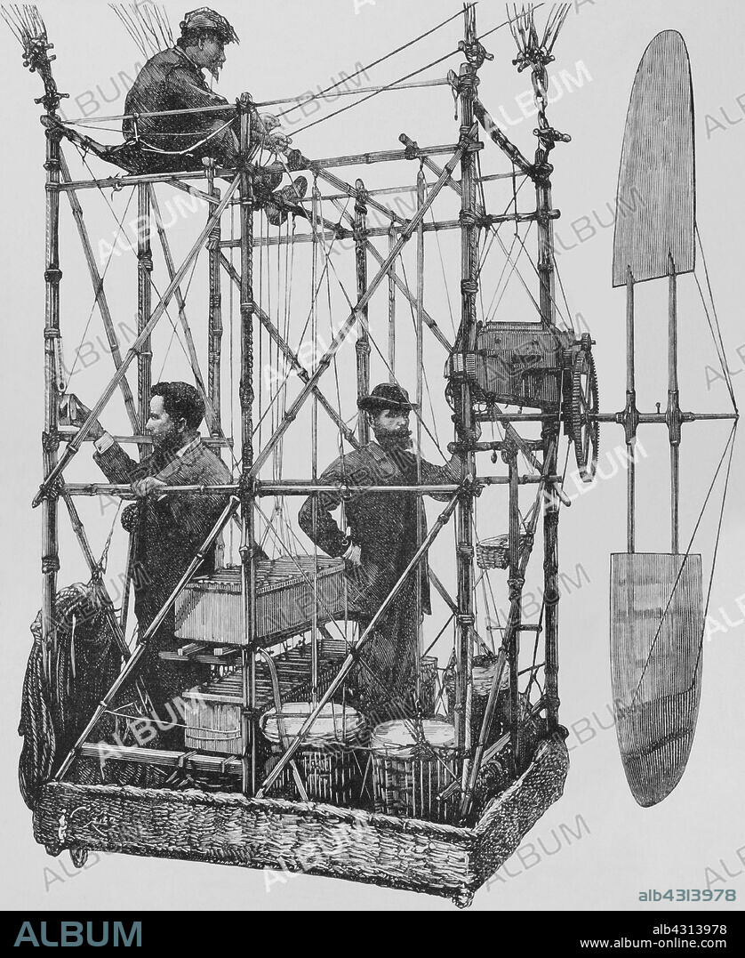 BERNARDO RICO (1825-1894). SPANISH PAINTER AND ENGRAVER.. Gastón Tissandier (1843-1899). Aeronauta y divulgador científico francés. Albert-Charles Tissandier (1839-1906). Arquitecto, aeronauta, editor y arqueólogo francés. En 1881, los hermanos Tissandier realizaron el primer vuelo con motor eléctrico del mundo en una exposición de electricidad, colocando un motor eléctrico Siemens en un dirigible. Tras sus primeras experiencias de vuelo, construyeron un modelo de gran tamaño que mostraron, para el cual Albert realizó los planos. El primer vuelo del aerostato dirigible eléctrico tuvo lugar el 8 de octubre de 1883, en Auteuil, un suburbio de París (Francia). Un segundo intento con éxito tuvo lugar en París el 26 de septiembre de 1884. Aerostato eléctrico dirigible de los hermanos Tissandier. Barquilla y motor. Albert (a la izquierda), Gastón (a la derecha), y un hombre sin identificar. Grabado por Bernardo Rico (1825-1894). La Ilustración Española y Americana, 15 de octubre de 1884.