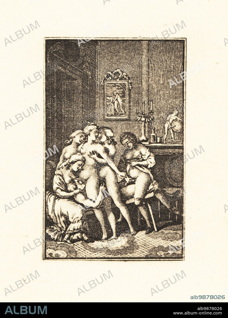 Naken man and five women enjoying a sexual orgy in a boudoir, 18th century. Pornographic art on the walls. Copperplate engraving heliogavure by Francois Rolland Elluin after Antoine Borel from Jean-Charles Gervaise de Latouches Memoiren des Saturnin, von ihm selbst Niedergeschreiben, Privatdruck, Liepzig, 1911. Also known as Le Portier des Chartreux, it was one of several erotic novels written by Latouche, 1715-1782, a lawyer at the Paris Parliament.