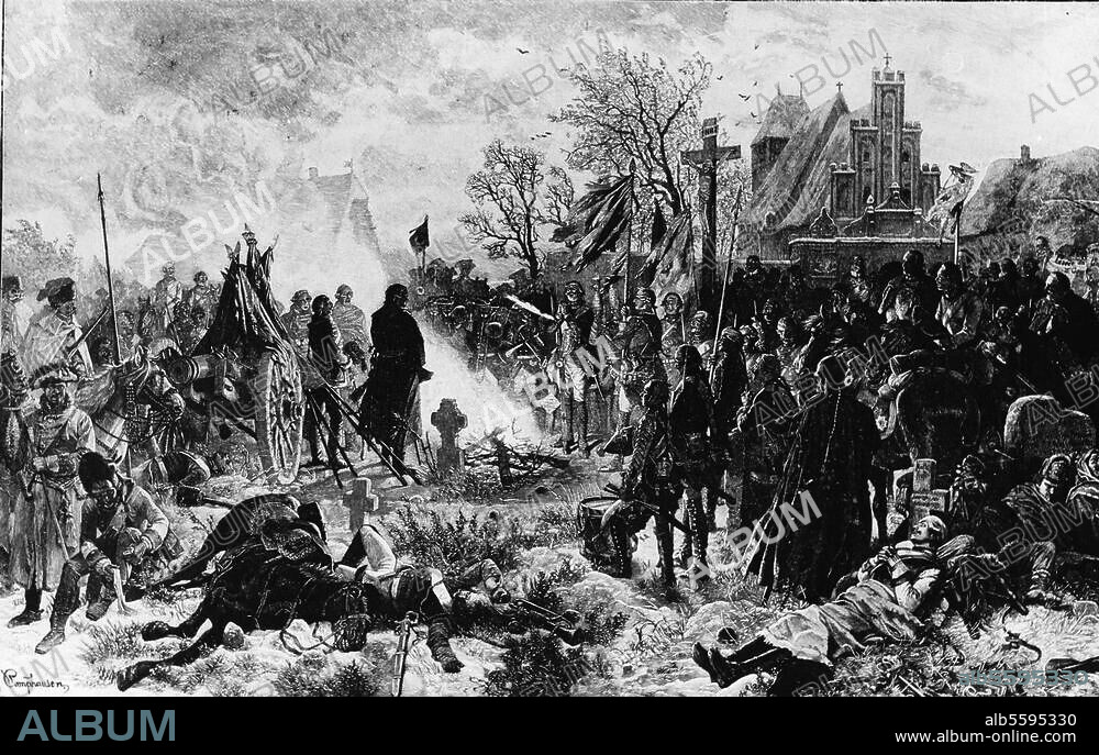 Siebenjähriger Krieg 1756-63:. Schlacht bei Leuthen am 5. Dezember 1757. - "Der Choral am Abend der Schlacht bei Leuthen". (Sieg der Preußen unter Friedrich d. Gr. über die Österreicher unter Prinz Karl von Lothringen). Holzstich nach Gemälde, 1864, von Wilhelm Camphausen (1818-1885).