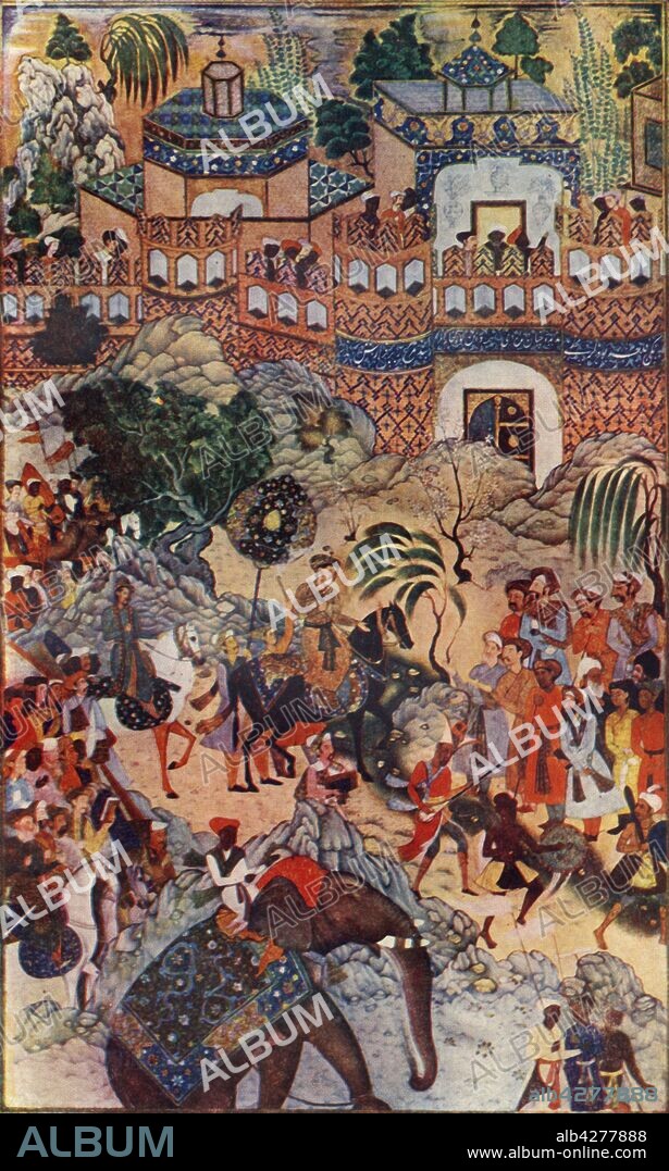FARRUKH BEG. 'The Great Emperor Akbar Enters His City in State', 1572, (1590-1595), (c1930). The Mughal emperor Akbar's triumphant entry into the fort of Surat in western India, after taking the city in 1572. Akbar (ruled 1556-1605) is riding a black horse, followed by a musician, bodyguards, camels and an elephant. Illustration to the "Akbarnama" (Book of Akbar), made c1590-1595, in the Victoria & Albert Museum in London. From "The World's Story, a Simple History for Boys and Girls", by Elizabeth O'Neill. [T. C. & E. C. Jack, London & Edinburgh, c1930].