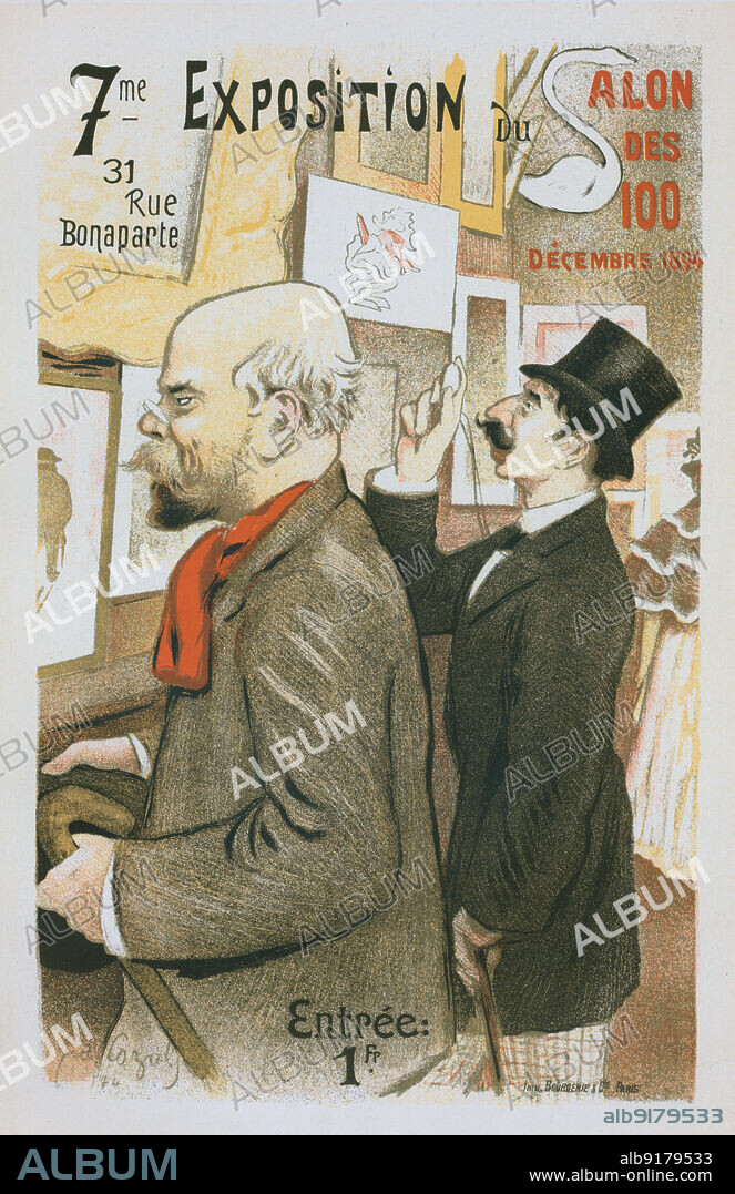 FREDERIC AUGUSTE CAZALS. Affiche pour la "7e Exposition du Salon des Cent". Au premier plan, Paul Verlaine; très fidèle portrait du poète. Au deuxième plan, M. Jean Moréas., c1896. [Publisher: Imprimerie Chaix; Place: Paris].
