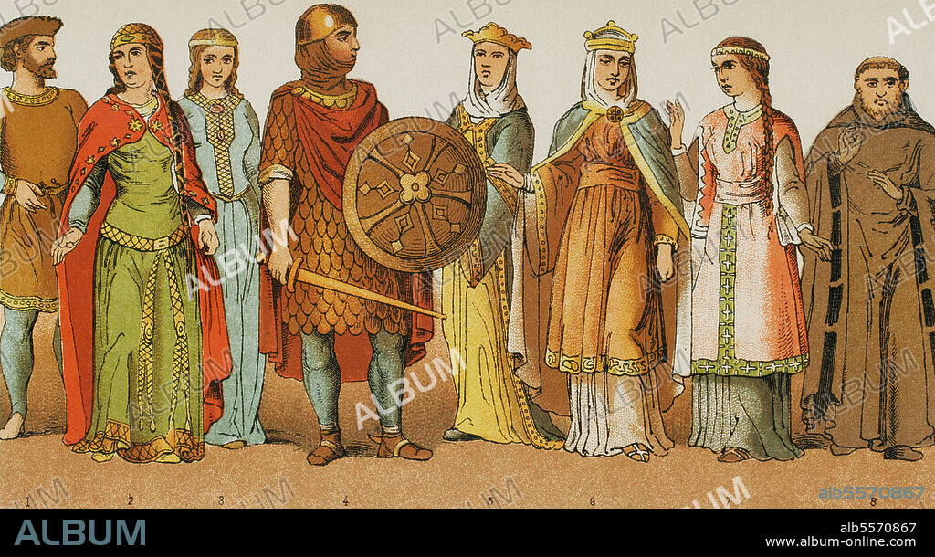 Europa. Alta Edad Media. Siglos VIII-IX. Reino de los Francos. Dinastía carolingia. 1: Noble, 2,3,5,6 y 7: Princesas y damas nobles, 4: Guerrero, 8: Monje benedictino. Cromolitografía. Historia Universal, por César Cantú. Tomo IV. Publicado en Barcelona, 1881.