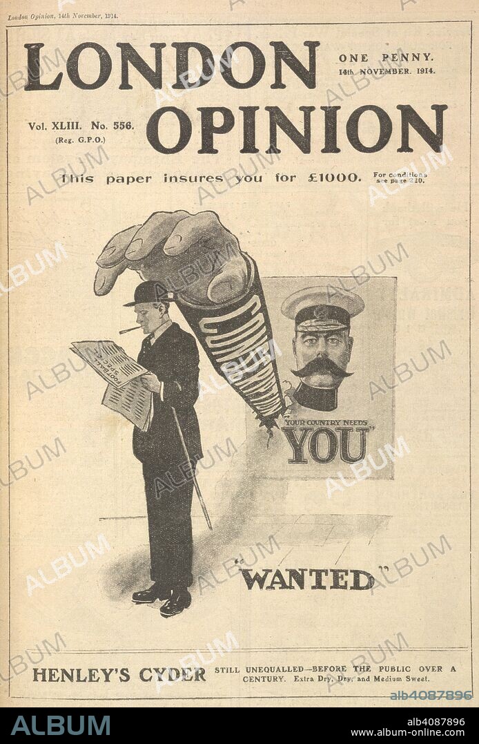 "Your'e country needs you". "Wanted". The hand of Lord Kitchener reaching out to a 'city gent'. A recruitment poster of the first word war. London Opinion. London, 14 November 1914. Source: London Opinion vol.XLIII, no.556.
