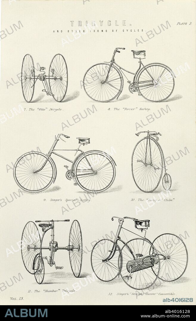 Six early forms of bicycles and tricycles, 19th century. The cycles shown are the Otto Dicycle, the Rover Safety, Singer's Special Safety, the King of Clubs, the Humber Tricycle and Singer's Straight Steerer convertible. The Dicycle consists of two parallel wheels, with the saddle between them. The 'Rover' and 'Singer's Special' Safety show the return to a design based on two wheels of the same size, however, although safer, they were still far more uncomfortable than the high-wheel bicycles. The 'King of Clubs' had solid rubber tyres and provided a smoother ride, they were a success with affluent young men and had their hey-day in the 1880s.