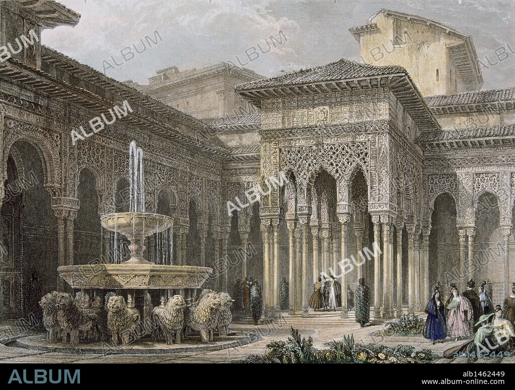 GRANADA. Patio de los Leones de La Alhambra. S. XIX. Grabado coloreado de I. Higham según un dibujo de David Roberts. España.
