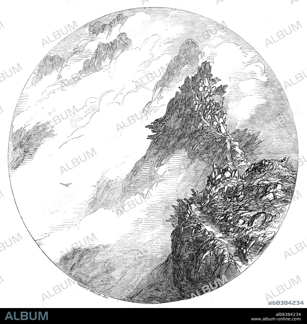 HARVEY ORRIN SMITH. Swirrel Edge, Mount Helvellyn, 1854. Mountains in the Lake District. '...toward Ulswater, Helvellyn presents a fine precipice, with Red Tarn lying below it; and, on either side of Red Tarn, the two great buttresses of Swirrel Edge and Striding Edge...It is perhaps, not very dangerous to any one with good nerves and sure feet; but certainly it is very steep and rugged, and the path narrow - in one part so narrow, that you look down a precipice of some hundreds of feet on each side of you, and could drop a stone down from each hand at once. When the clouds are rolling over the Edge, the place looks sufficiently awful; and the traveller might almost think he had but to climb the sharp edge to some high point, standing up like a needle in the mist. Very little mist will hide the mountain. On the morning we last went along the Edge we saw nothing of Helvellyn till we stood upon it'. From "Illustrated London News", 1854.