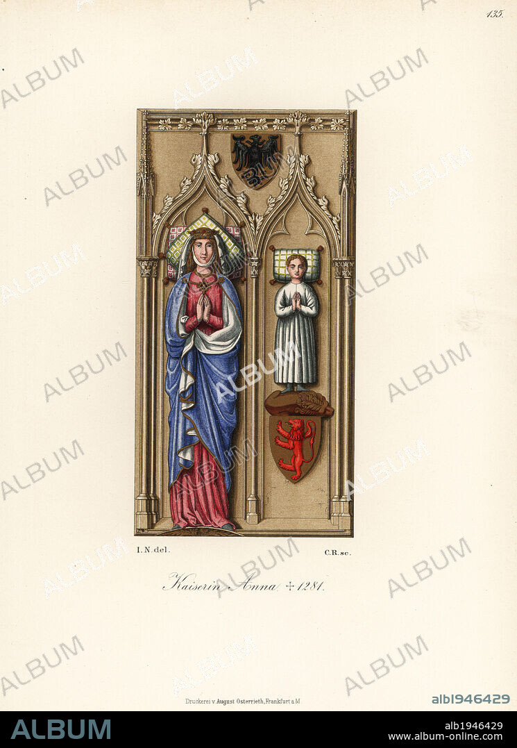 Gertrude Anne of Hohenberg, 1225-1281, queen of King Rudolf I of Germany, and her son Charles, d.1276. Kaiserin Anna Gertraud, Karl. From her tomb in Basel Minster. Chromolithograph from Hefner-Alteneck's Costumes, Artworks and Appliances from the Middle Ages to the 17th Century, Frankfurt, 1889. Illustration by Dr. Jakob Heinrich von Hefner-Alteneck, lithographed by C.R. Dr. Hefner-Alteneck (1811 - 1903) was a German museum curator, archaeologist, art historian, illustrator and etcher.