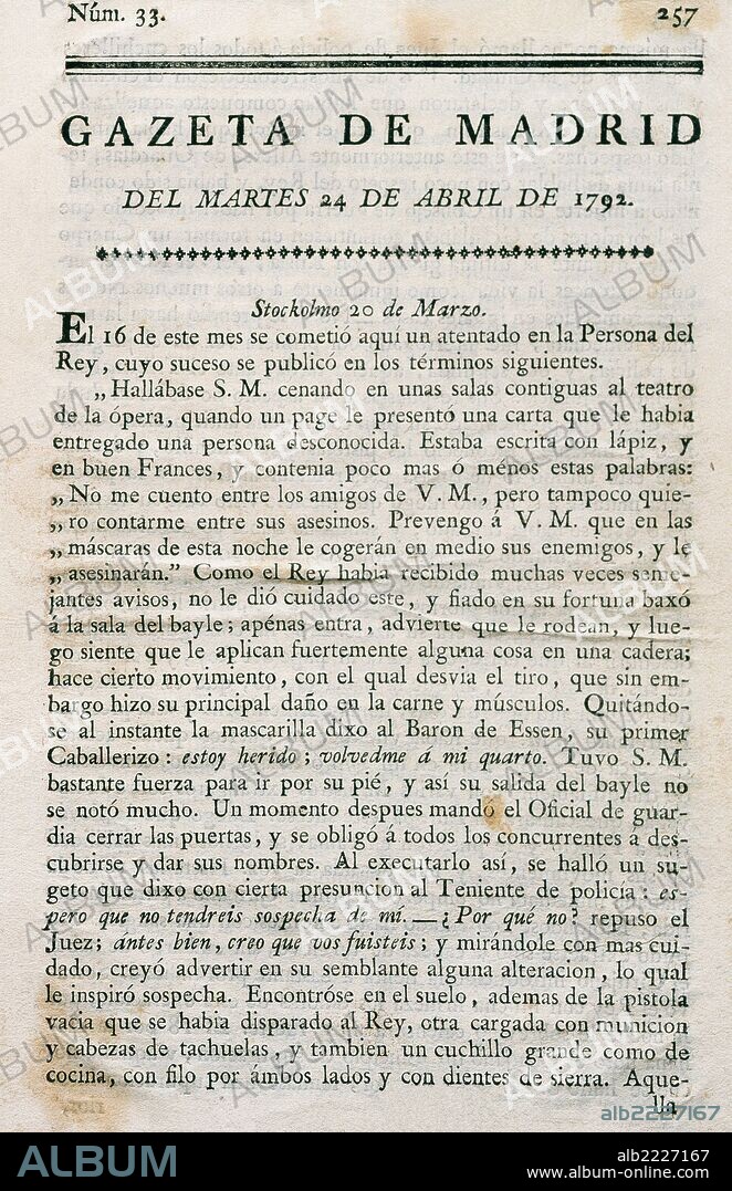 HISTORIA DE LA PRENSA ESPAÑOLA. SIGLO XVIII. "GACETA DE MADRID". Número 33 (24 de abril del año 1792). Imprenta Real.