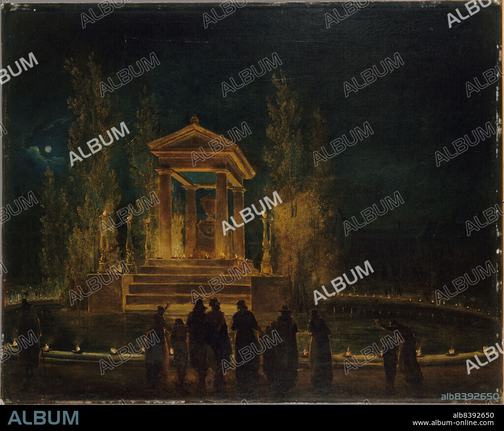 HUBERT ROBERT. Le Mausolée provisoire de Jean-Jacques Rousseau, sur le bassin des Tuileries, avant la Translation de ses cendres au Panthéon. Nuit du 10 au 11 octobre 1794, c1794.  The provisional mausoleum of Jean-Jacques Rousseau, on the Tuileries basin, before the Translation of his ashes at the Pantheon. Night from October 10 to 11, 1794. Night landscape. Historical scene. Illuminations. Sarcophagus. Temple. Poplars.