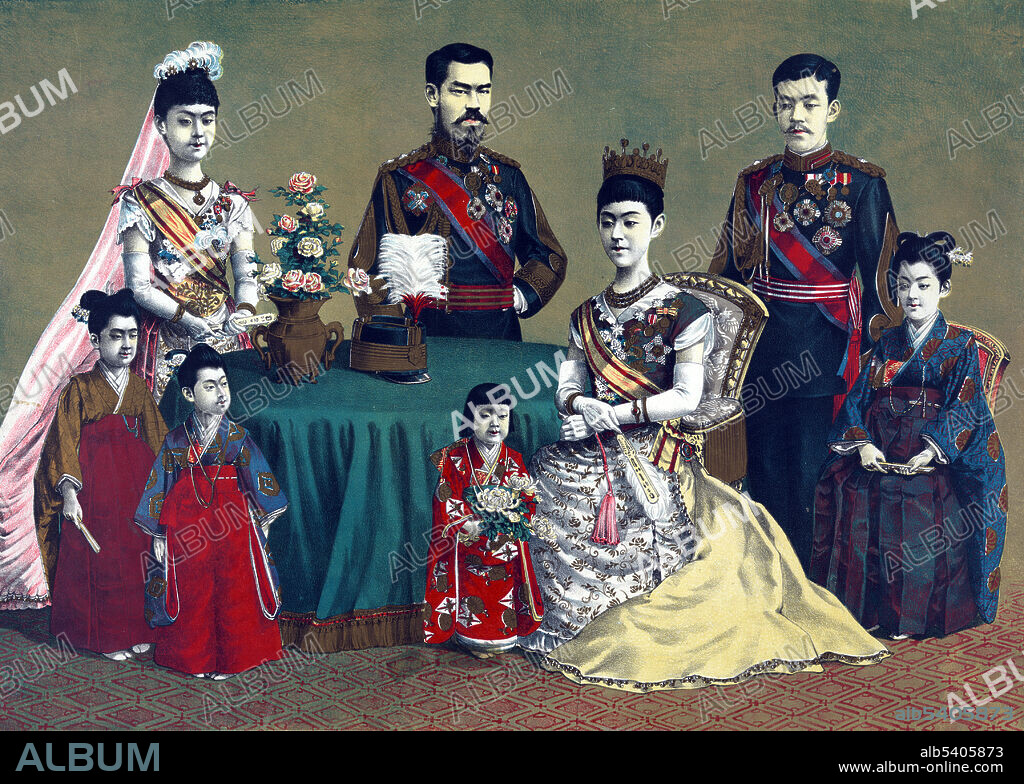 Group portrait of Meiji, Emperor of Japan and the imperial family. Emperor Meiji (1852-1912), or Meiji the Great, was the 122nd Emperor of Japan, reigning from February 3, 1867 until his death on July 30, 1912. He presided over a time of rapid change in the Empire of Japan, as the nation quickly changed from an isolationist feudal state to a capitalist and imperial world power, characterized by the Japanese industrial revolution. At the time of Meiji's birth in 1852, Japan was an isolated, pre-industrial, feudal country dominated by the Tokugawa shogunate and the daimyo, who ruled over the country's more than 250 decentralized domains. By the time of his death in 1912, Japan had undergone a political, social, and industrial revolution at home (Meiji Restoration) and emerged as one of the great powers on the world stage. His personal name, which is not used in any formal or official context, except for his signature, was Mutsuhito. E.R. Dumont, 1904.