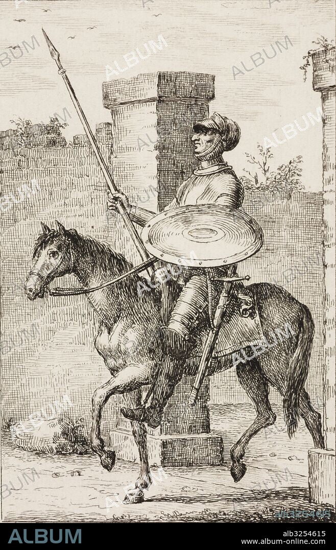 Don Quixote of La Mancha on his horse Rocinante going out onto the road, Plate 2, illustration from The bright gesture of Don Quixote, drawn and engraved by Francesco Novelli (1767-1836), 33 plates with explanations, 1819, text by Bartolomeo Gamba ( 1766-1841).