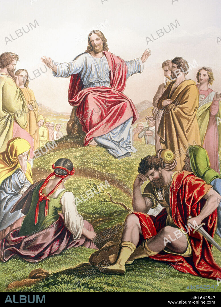 Jesus preaching the sermon on the mount. From The Holy Bible published by William Collins, Sons, & Company in 1869. Chromolithograph by J.M. Kronheim & Co.