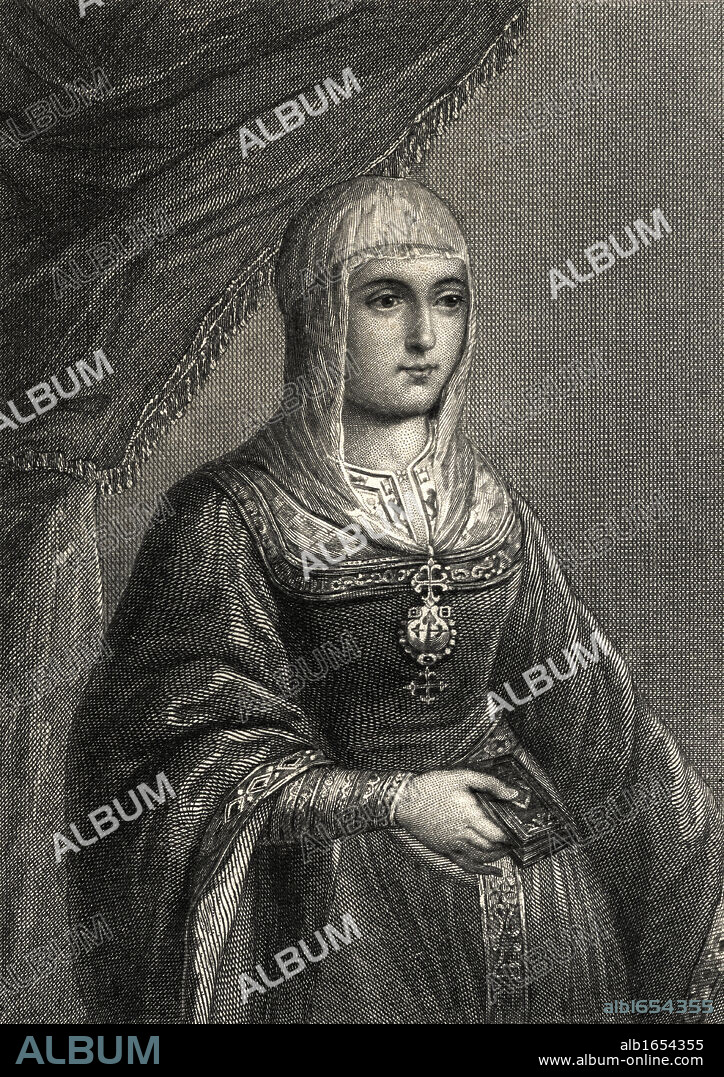 Isabella I byname Isabella the Catholic. Spanish Isabel La Catolica,1451- 1504. Queen of Castile (1474-1504) and of Aragon (1479-1504), ruling the two kingdoms jointly from 1479 with her husband.Engraving by W. Greatbatch from the original in the Royal Palace at Madrid. From the book "History of the reign of Ferdinand and Isabella, The Catholic, of Spain Volume I" by William.H.Prescott, published 1851.