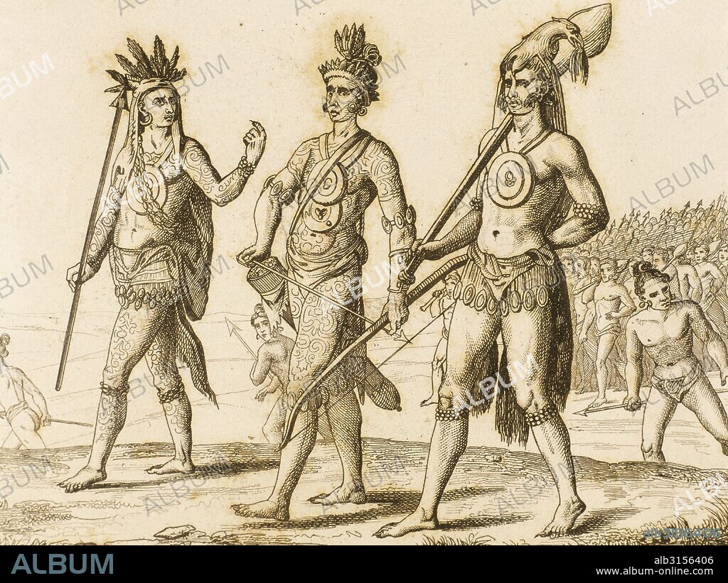 Guerreros indios americanos del siglo XVI. Grabado por Vernier y Thibeault. Historia de los Estados Unidos de América, por Roux de Rochelle,1841.