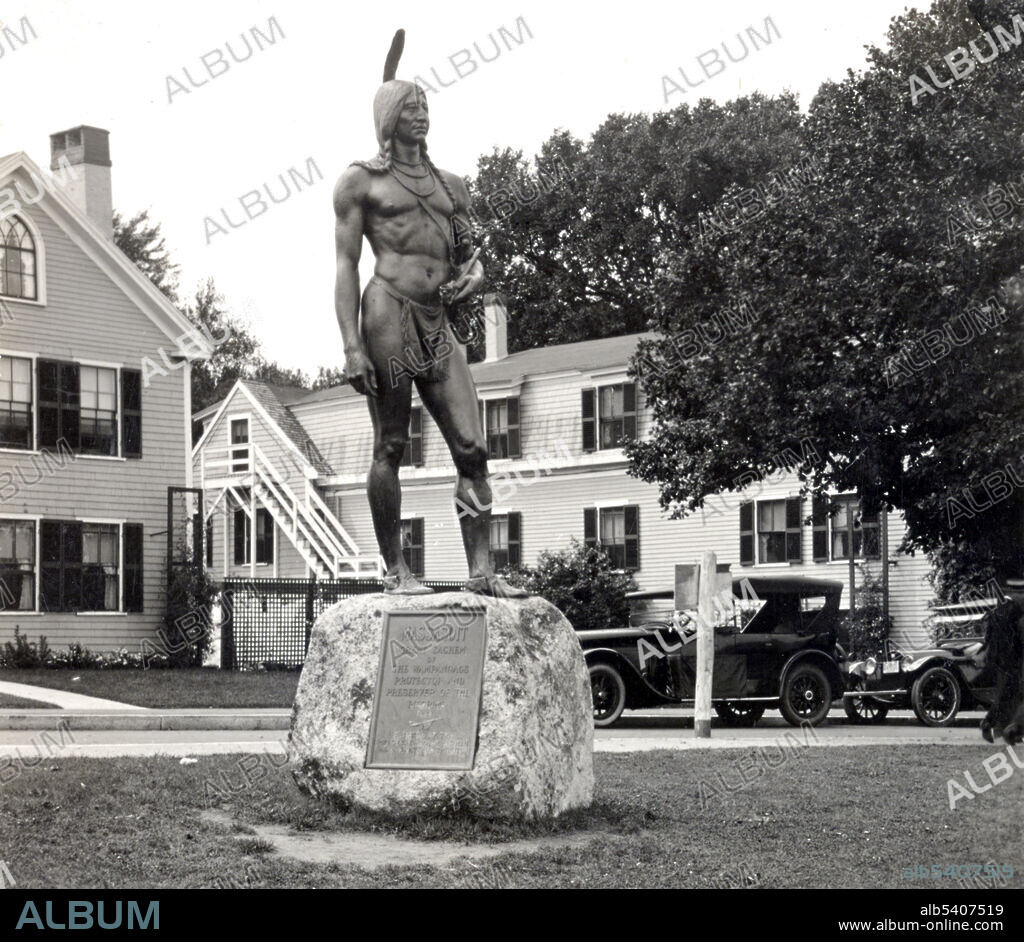 Massasoit (1581? – 1661?) was the leader of the Wampanoag tribe. According to English sources, Massasoit prevented the failure of Plymouth Colony and the almost certain starvation that the Pilgrims faced during the earliest years of the colony's establishment. He forged critical political and personal ties with the colonial leaders  which grew out of a negotiated peace treaty on March 22, 1621. Peace was maintained for nearly 40 years, until Massasoit's death. Massasoit was humane and honest, never violated his word, and constantly endeavored to imbue his people with a love of peace. He kept the Pilgrims advised of any warlike designs toward them by other tribes. Keystone View Company stereograph (cropped and cleaned), 1925.