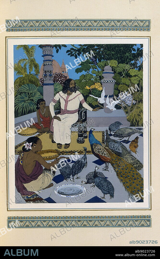 Coloured illustration of royal persons in an exotic garden with beautiful birds. Illustrated by Edmund Dulac (1882-1953), a French British naturalised magazine and book illustrator.