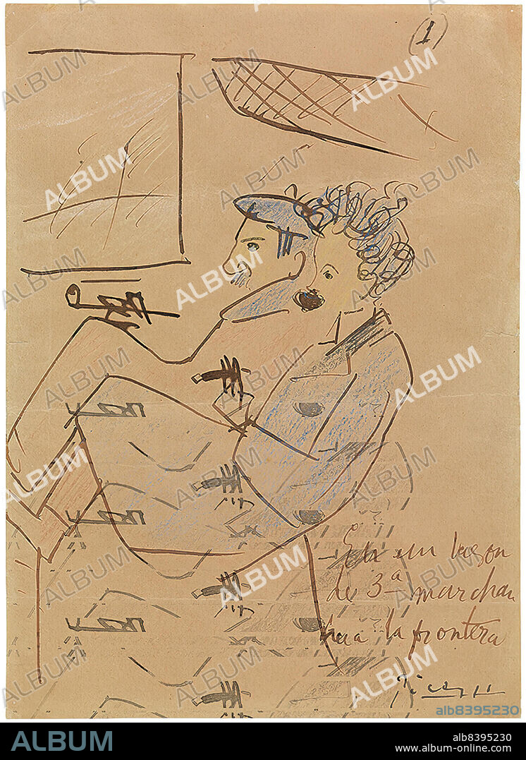 Pablo Picasso/ Picasso y Sebastià Junyer i Vidal salen de viaje. París, 1904. Tinta a pluma y lapiz de colores sobre papel. 22 x 16 cm. Museu Picasso, Barcelona. Donación Sebastià Junyer i Vidal, 1966. MPB 70.803.